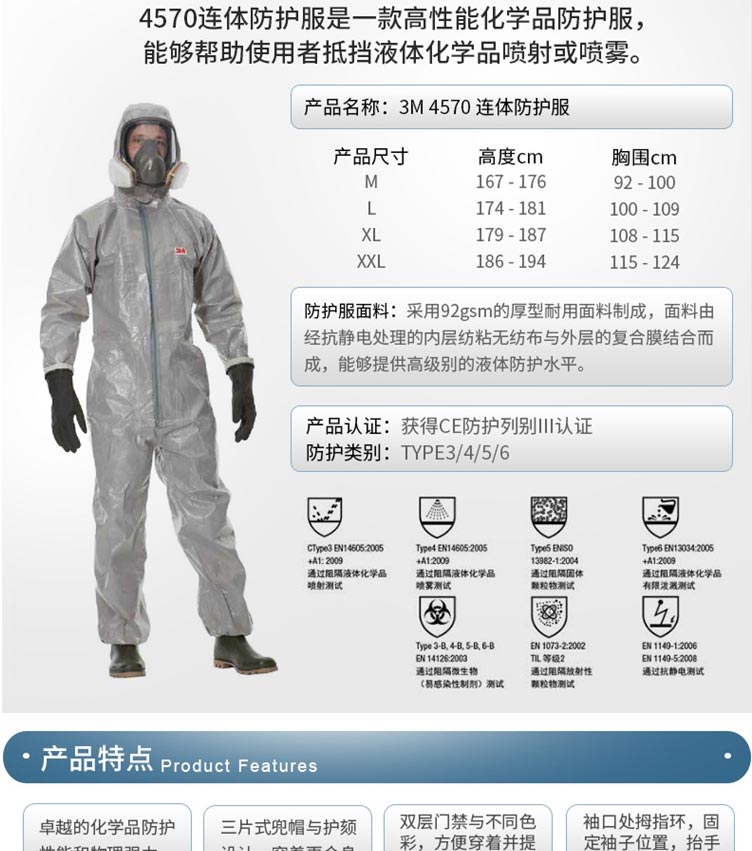3M 4570 防輕度化學(xué)液體飛濺連體防化服