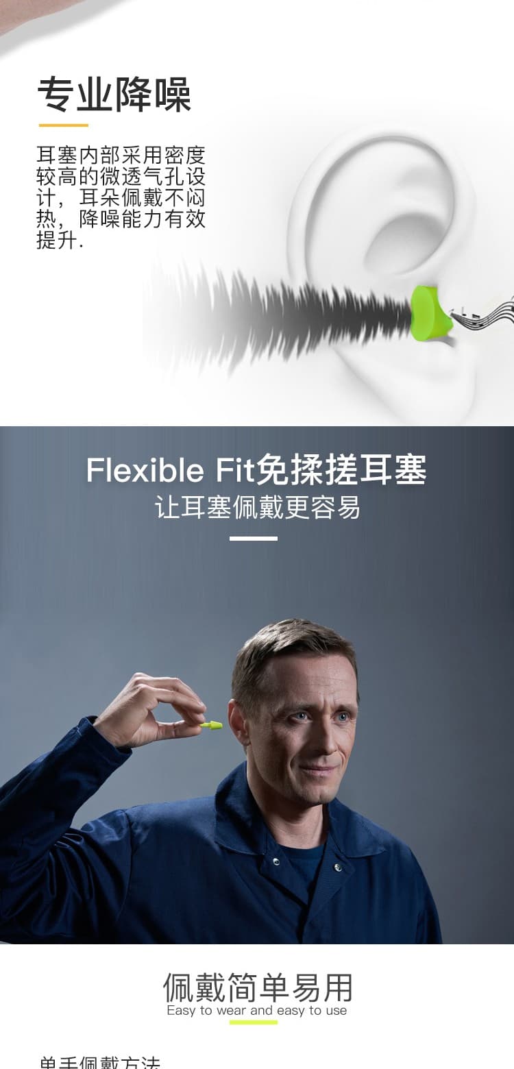 3M 328-1001免揉搓高降噪泡棉耳塞（帶線(xiàn )）