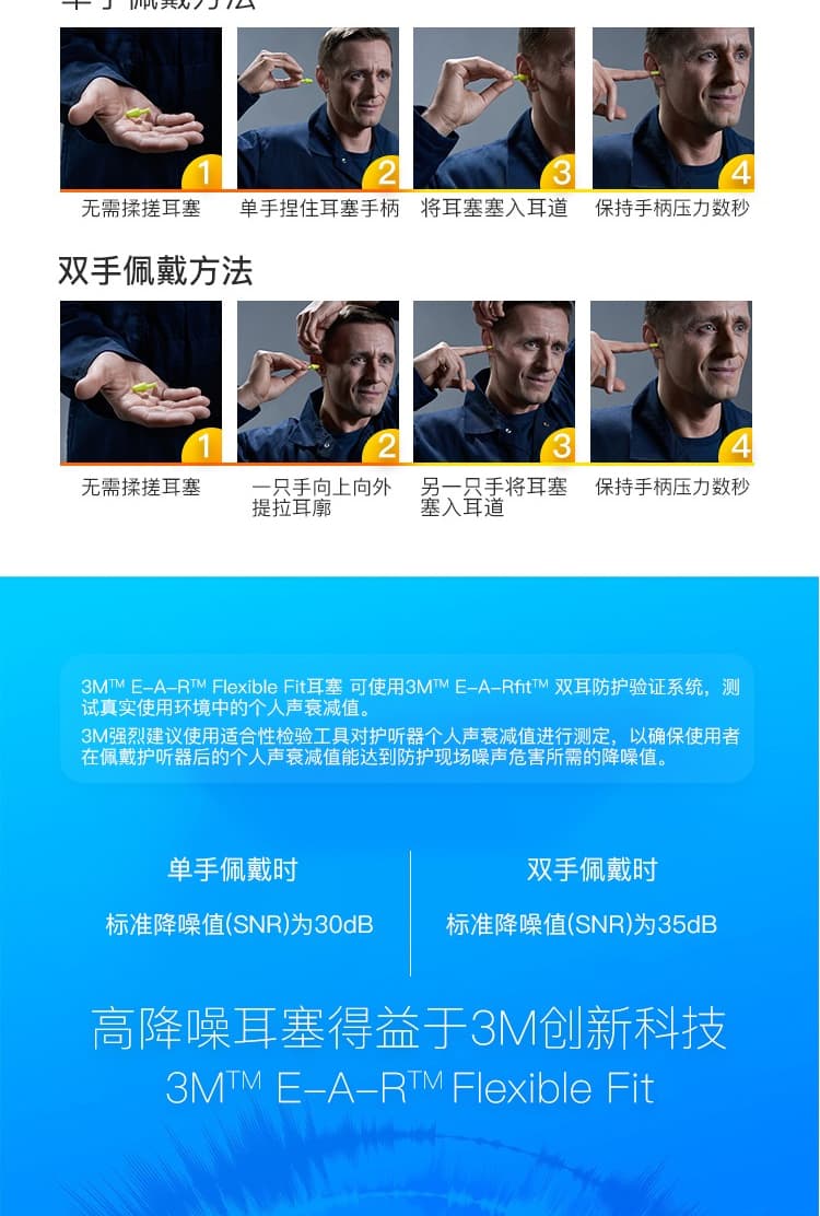 3M 328-1001免揉搓高降噪泡棉耳塞（帶線(xiàn )）