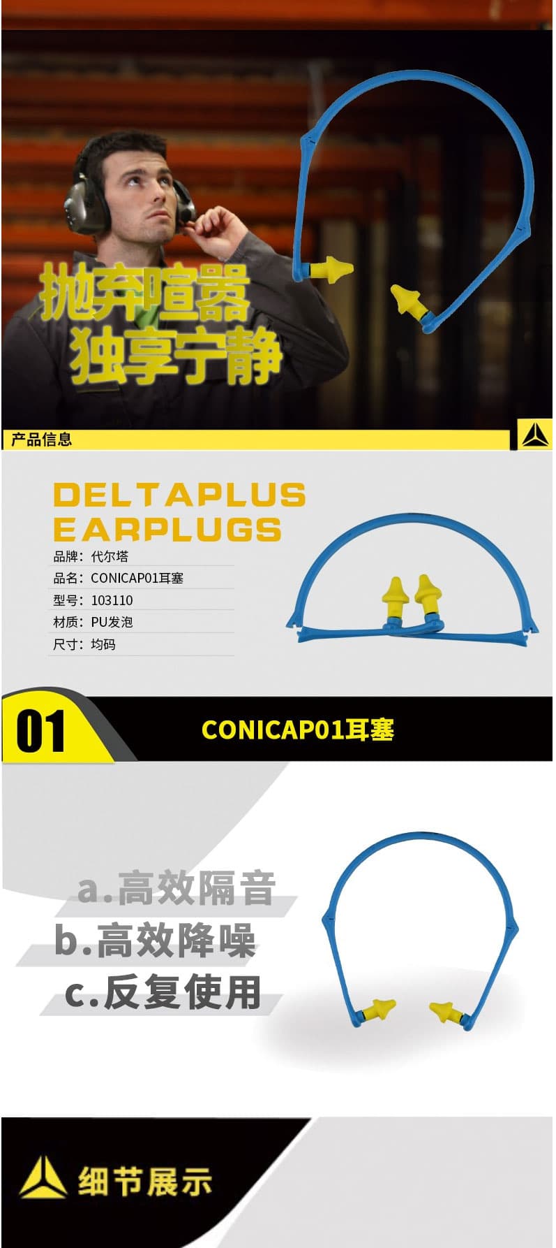 代爾塔103110 CONICAP01 可更換(huàn)PU耳塞