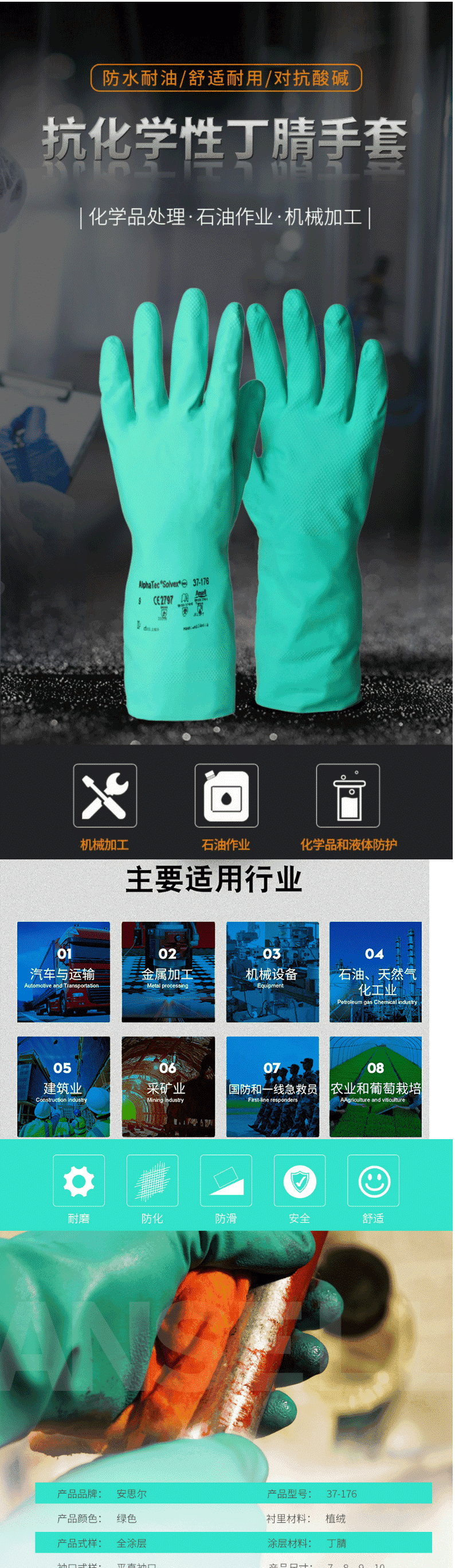 安思爾(Ansell)37-176 丁腈橡膠全塗層防化手套