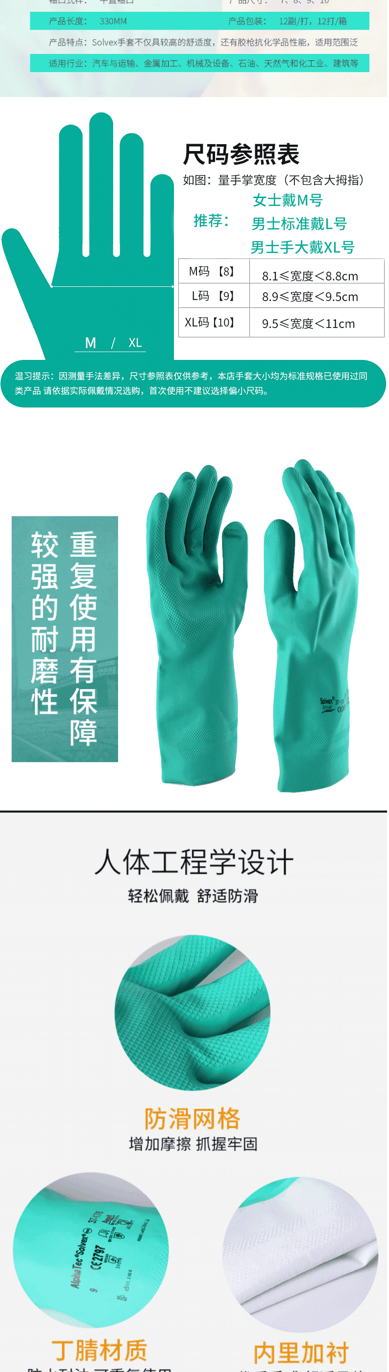 安思爾(Ansell)37-176 丁腈橡膠全塗層防化手套